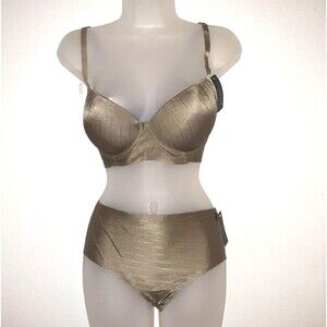 Youmita 36C Covert Green Jacquard Stripe Push Up Bra  Large Seamless Panty NWT